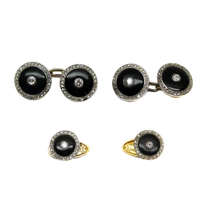 Antique diamond, rose diamond and onyx link suite